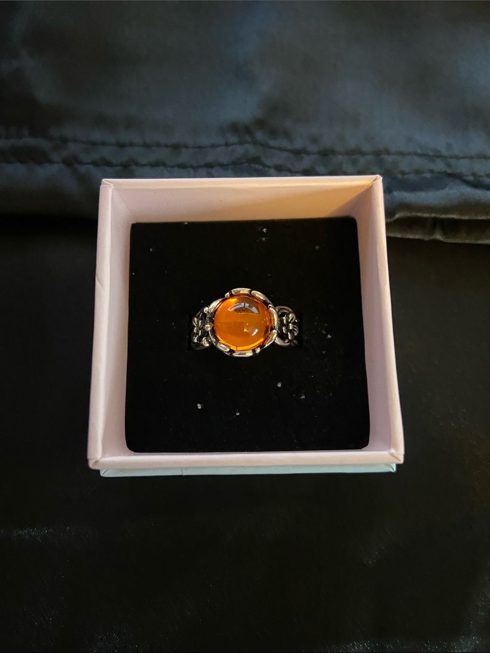 Sterling Silver Amber Cabochon Ring - Orange Gemstone